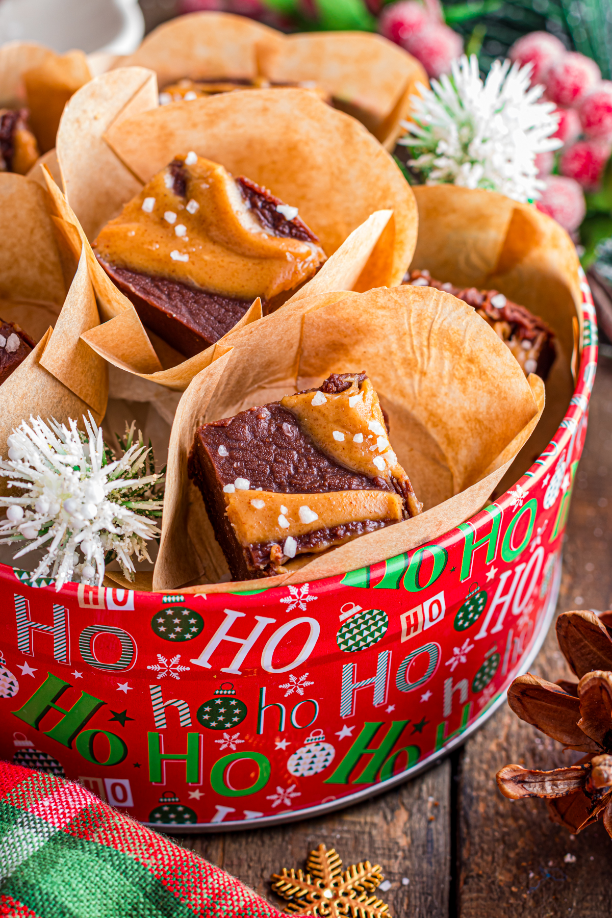 Chocolate peanut butter fudge packed in a holiday jar.