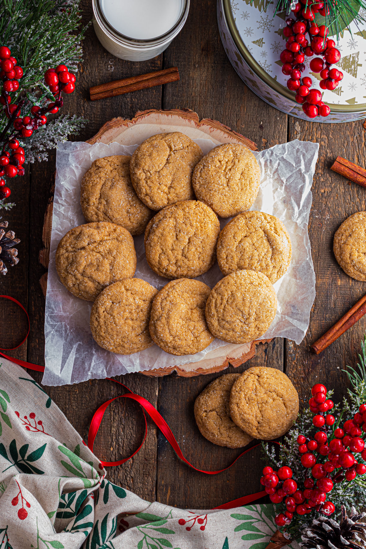 Gingersnap Cookies on a Table with Ribbon and Holidays.