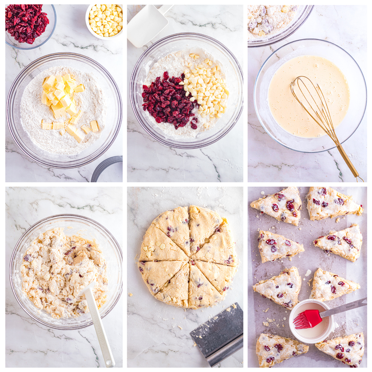 Step by step process of making white chocolate cranberry scones.