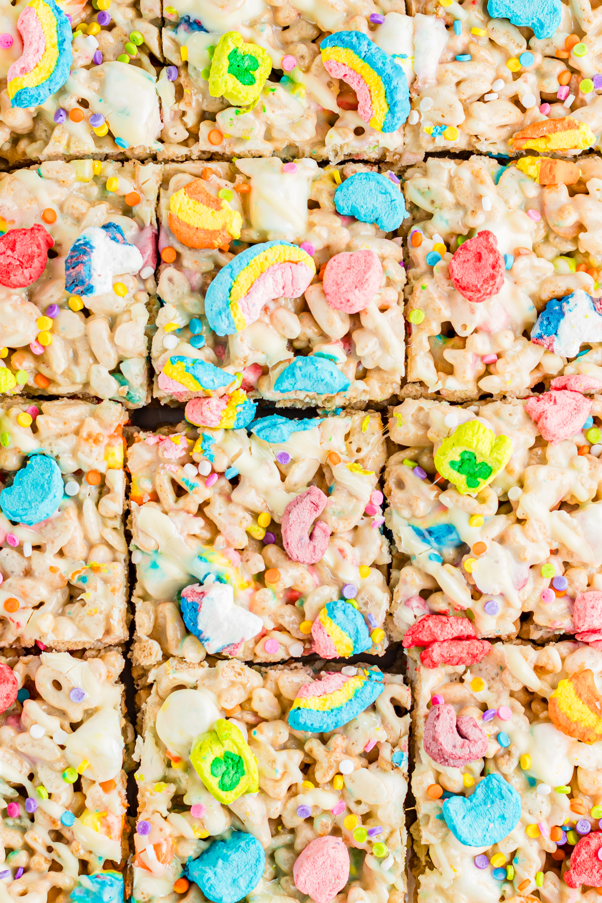 Sliced Lucky Charms Rice Krispie Treats.