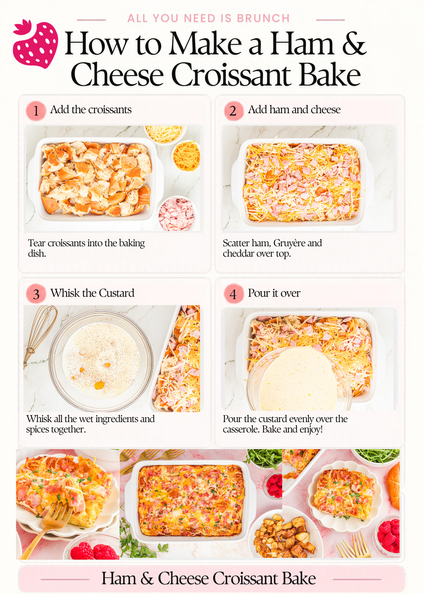 Step by step how to make a ham and cheese croissant bake.